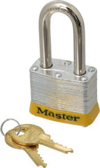 Master Lock - Keyed Different Retaining Key Conductive Lockout Padlock - 1-1/2" Shackle Clearance, 9/32" Shackle Diam, 1-1/4" Body Height x 1-9/16" Body Width, Yellow, 4 Pins - Exact Tooling