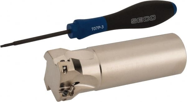 Seco - 1-1/2" Cut Diam, 0.354" Max Depth of Cut, 1-1/4" Shank Diam, 4" OAL, Indexable Square Shoulder End Mill - XO.X 10T3.. Inserts, Weldon Shank, 90° Lead Angle, Through Coolant, Series Turbo 10 - Exact Tooling