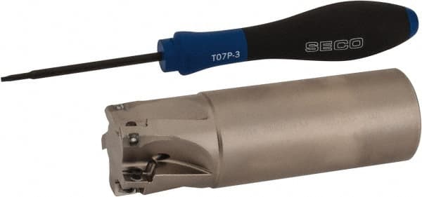 Seco - 1-1/4" Cut Diam, 0.354" Max Depth of Cut, 1-1/4" Shank Diam, 4" OAL, Indexable Square Shoulder End Mill - XO.X 10T3.. Inserts, Weldon Shank, 90° Lead Angle, Through Coolant, Series Turbo 10 - Exact Tooling