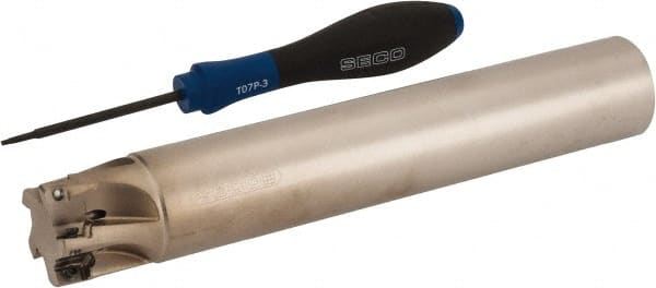 Seco - 1-1/4" Cut Diam, 0.354" Max Depth of Cut, 1-1/4" Shank Diam, 7.677" OAL, Indexable Square Shoulder End Mill - XO.X 10T3.. Inserts, Cylindrical Shank, 90° Lead Angle, Through Coolant, Series Turbo 10 - Exact Tooling