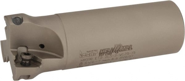 Iscar - 1-1/2" Cut Diam, 0.512" Max Depth of Cut, 1-1/4" Shank Diam, 4" OAL, Indexable Square Shoulder Helical End Mill - HM390 TDKT 1505 Inserts, Cylindrical Shank, 90° Lead Angle, Through Coolant, Series HeliIQMill - Exact Tooling