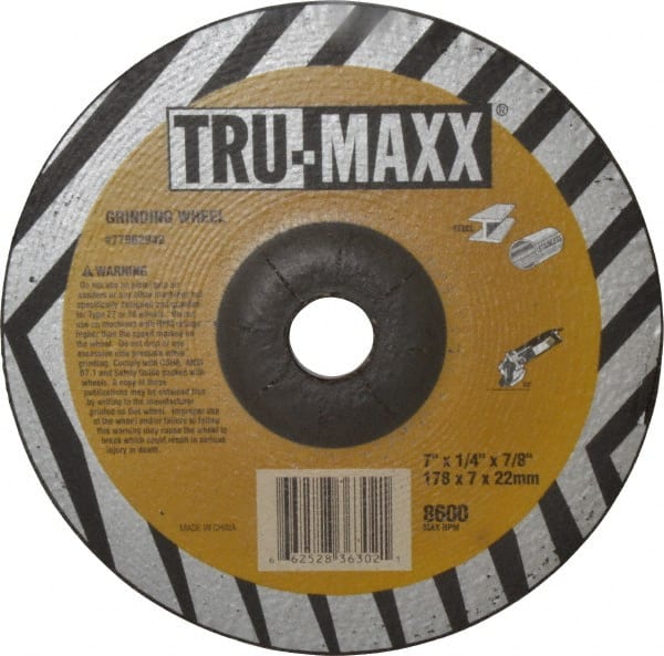 Tru-Maxx - 24 Grit, 7" Wheel Diam, 1/4" Wheel Thickness, 7/8" Arbor Hole, Type 27 Depressed Center Wheel - Aluminum Oxide, 8,600 Max RPM, Compatible with Angle Grinder - Exact Tooling