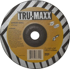Tru-Maxx - 24 Grit, 7" Wheel Diam, 1/4" Wheel Thickness, 7/8" Arbor Hole, Type 27 Depressed Center Wheel - Aluminum Oxide, 8,600 Max RPM, Compatible with Angle Grinder - Exact Tooling