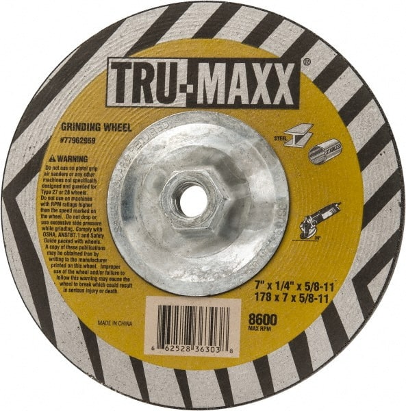Tru-Maxx - 7" Wheel Diam, 1/4" Wheel Thickness, Type 27 Depressed Center Wheel - Aluminum Oxide, 8,600 Max RPM, Compatible with Angle Grinder - Exact Tooling
