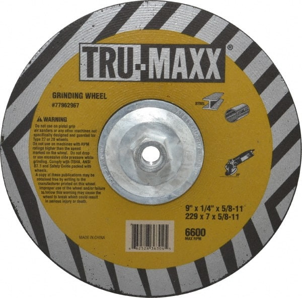 Tru-Maxx - 9" Wheel Diam, 1/4" Wheel Thickness, Type 27 Depressed Center Wheel - Aluminum Oxide, 6,600 Max RPM, Compatible with Angle Grinder - Exact Tooling