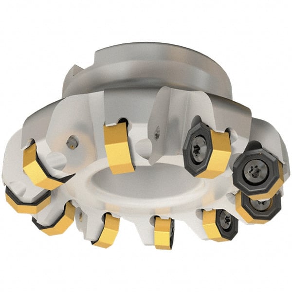 Iscar - 4.49" Cut Diam, 1-1/4" Arbor Hole, 0.138" Max Depth of Cut, 45° Indexable Chamfer & Angle Face Mill - 12 Inserts, ON.. 05..\xB6OXMT 0507\xB6RXMT 1607\xB6S845 SN.U 13 Insert, Right Hand Cut, 12 Flutes, Through Coolant, Series Helido - Exact Tooling