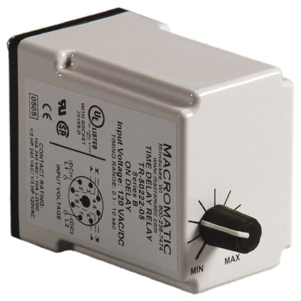Macromatic - 8 Pin, Multiple Range DPDT Time Delay Relay - 10 Contact Amp, 120 VAC/VDC, Knob - Exact Tooling
