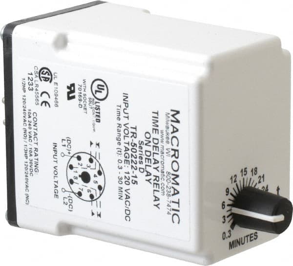 Macromatic - 8 Pin, 0.3 to 30 min Delay, Multiple Range DPDT Time Delay Relay - 10 Contact Amp, 120 VAC/VDC, Knob - Exact Tooling