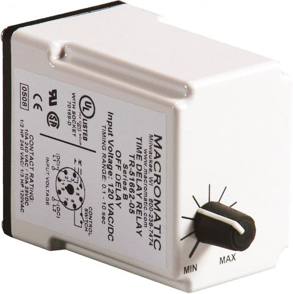 Macromatic - 11 Pin, 10 min Delay, Multiple Range DPDT Time Delay Relay - 10 Contact Amp, 120 VAC/VDC, Knob - Exact Tooling