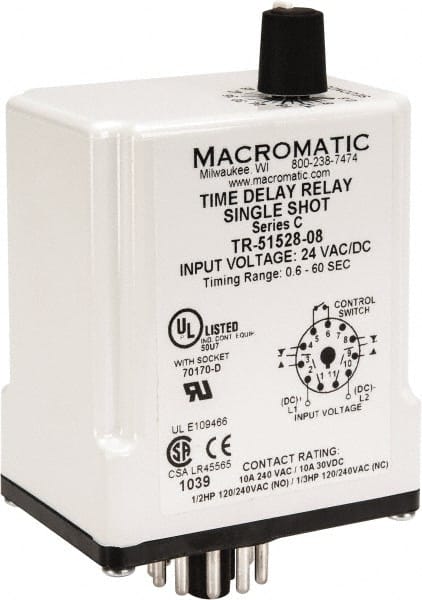 Macromatic - 11 Pin, Multiple Range DPDT Time Delay Relay - 10 Contact Amp, 24 VAC/VDC, Knob - Exact Tooling
