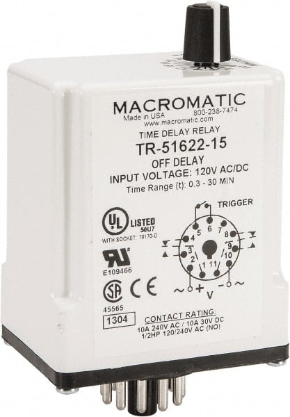 Macromatic - 11 Pin, 0.3 to 30 min Delay, Multiple Range DPDT Time Delay Relay - 10 Contact Amp, 120 VAC/VDC, Knob - Exact Tooling