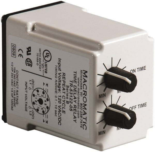 Macromatic - 8 Pin, Multiple Range DPDT Time Delay Relay - 10 Contact Amp, 24 VAC/VDC, Knob - Exact Tooling