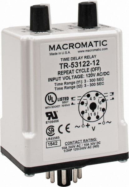 Macromatic - 8 Pin, Multiple Range DPDT Time Delay Relay - 10 Contact Amp, 120 VAC/VDC, Knob - Exact Tooling