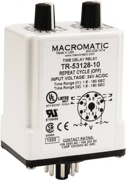 Macromatic - 8 Pin, Multiple Range DPDT Time Delay Relay - 10 Contact Amp, 24 VAC/VDC, Knob - Exact Tooling