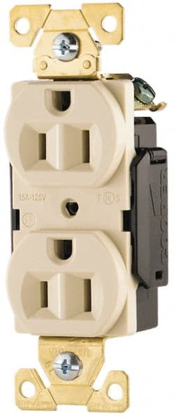 Cooper Wiring Devices - 125 VAC, 15 Amp, 5-15R NEMA Configuration, Ivory, Industrial Grade, Self Grounding Duplex Receptacle - 1 Phase, 2 Poles, 3 Wire, Flush Mount, Antimicrobial, Chemical and Impact Resistant - Exact Tooling