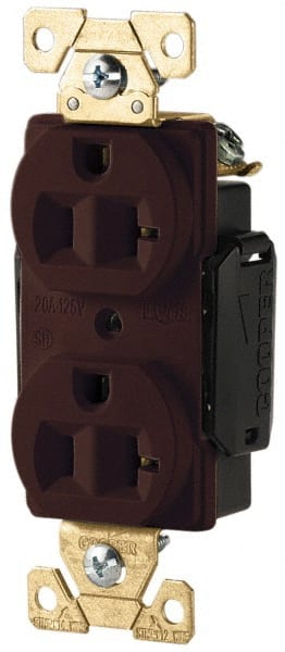Cooper Wiring Devices - 125 VAC, 20 Amp, 5-20R NEMA Configuration, Brown, Industrial Grade, Self Grounding Duplex Receptacle - 1 Phase, 2 Poles, 3 Wire, Flush Mount, Antimicrobial, Chemical and Impact Resistant - Exact Tooling