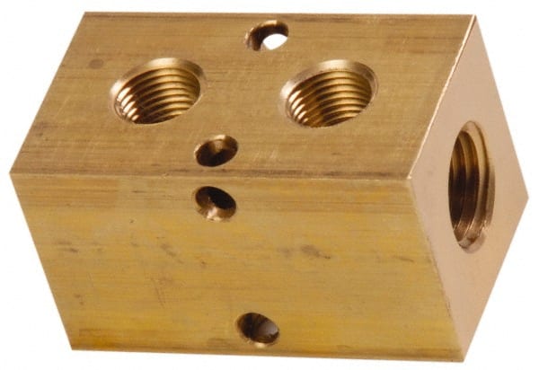 Made in USA - 1/4" Inlet, 1/8" Outlet Manifold - 1-3/4" Long x 1" Wide x 1" High, 0.17" Mount Hole, 2 Inlet Ports, 2 Outlet Ports - Exact Tooling