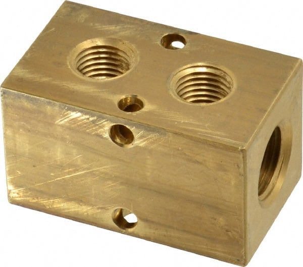 Made in USA - 3/8" Inlet, 1/4" Outlet Manifold - 2.13" Long x 1-1/4" Wide x 1-1/4" High, 0.2" Mount Hole, 2 Inlet Ports, 2 Outlet Ports - Exact Tooling