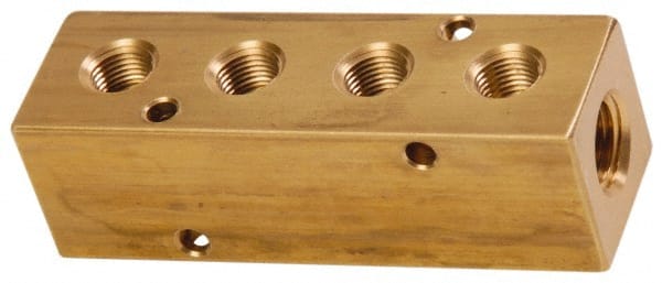 Made in USA - 1/2" Inlet, 3/8" Outlet Manifold - 4-3/4" Long x 1-1/2" Wide x 1-1/2" High, 0.2" Mount Hole, 2 Inlet Ports, 4 Outlet Ports - Exact Tooling