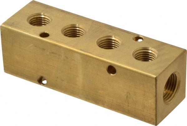 Made in USA - 3/8" Inlet, 1/4" Outlet Manifold - 3.88" Long x 1-1/4" Wide x 1-1/4" High, 0.2" Mount Hole, 2 Inlet Ports, 4 Outlet Ports - Exact Tooling