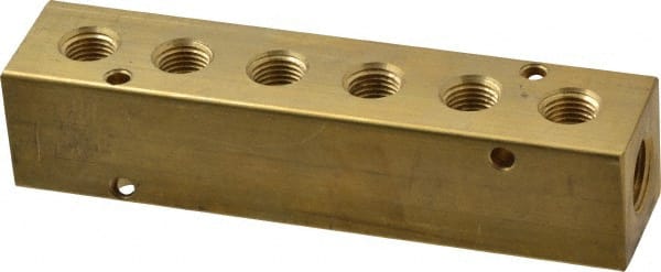 Made in USA - 3/8" Inlet, 1/4" Outlet Manifold - 5.63" Long x 1-1/4" Wide x 1-1/4" High, 0.2" Mount Hole, 2 Inlet Ports, 6 Outlet Ports - Exact Tooling