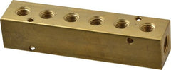 Made in USA - 3/8" Inlet, 1/4" Outlet Manifold - 5.63" Long x 1-1/4" Wide x 1-1/4" High, 0.2" Mount Hole, 2 Inlet Ports, 6 Outlet Ports - Exact Tooling