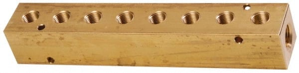 Made in USA - 1/2" Inlet, 3/8" Outlet Manifold - 8-3/4" Long x 1-1/2" Wide x 1-1/2" High, 0.2" Mount Hole, 2 Inlet Ports, 8 Outlet Ports - Exact Tooling