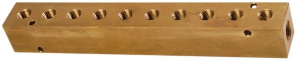 Made in USA - 1/2" Inlet, 3/8" Outlet Manifold - 10-3/4" Long x 1-1/2" Wide x 1-1/2" High, 0.2" Mount Hole, 2 Inlet Ports, 10 Outlet Ports - Exact Tooling