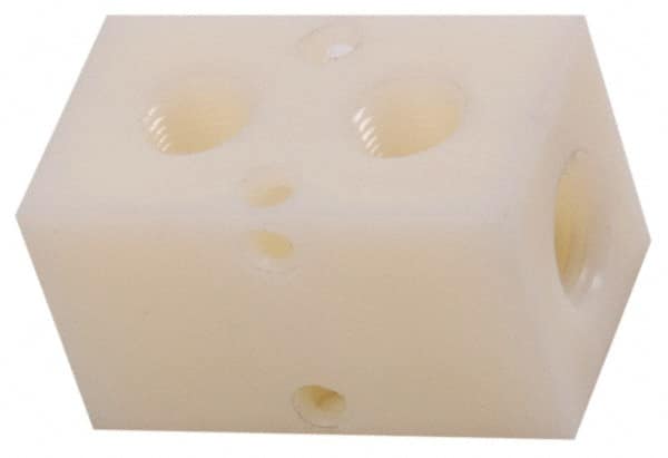 Made in USA - 1/2" Inlet, 3/8" Outlet Manifold - 2-3/4" Long x 1-1/2" Wide x 1-1/2" High, 0.2" Mount Hole, 2 Inlet Ports, 2 Outlet Ports - Exact Tooling