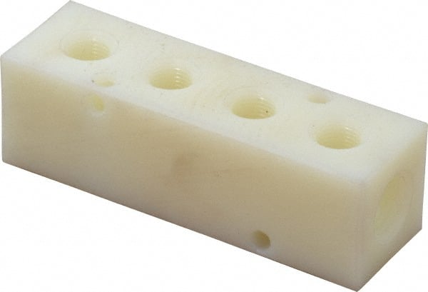 Made in USA - 1/4" Inlet, 1/8" Outlet Manifold - 3-1/4" Long x 1" Wide x 1" High, 0.17" Mount Hole, 2 Inlet Ports, 4 Outlet Ports - Exact Tooling