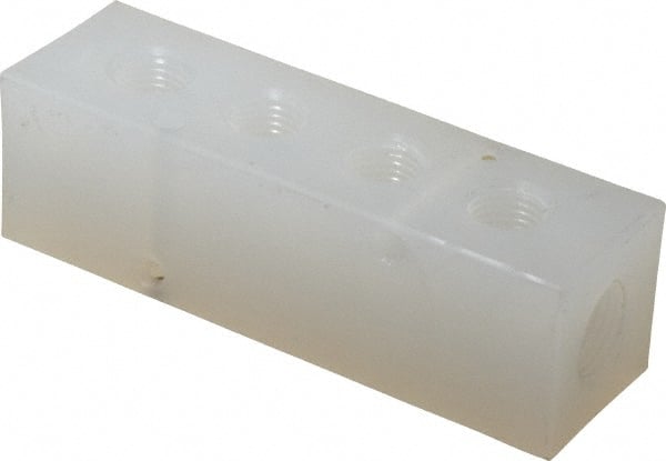 Made in USA - 3/8" Inlet, 1/4" Outlet Manifold - 4.12" Long x 1-1/4" Wide x 1-1/4" High, 0.2" Mount Hole, 2 Inlet Ports, 4 Outlet Ports - Exact Tooling