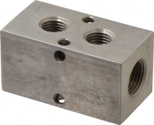 Made in USA - 3/8" Inlet, 1/4" Outlet Manifold - 2.38" Long x 1-1/4" Wide x 1-1/4" High, 0.2" Mount Hole, 2 Inlet Ports, 2 Outlet Ports - Exact Tooling