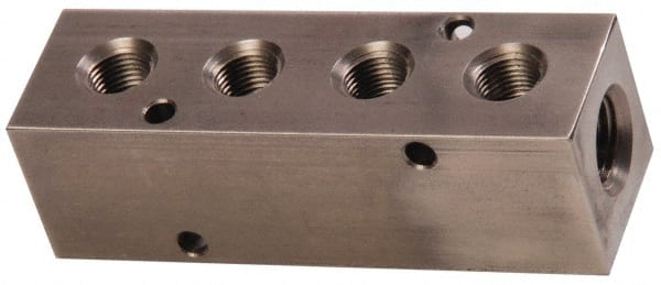 Made in USA - 1/4" Inlet, 1/8" Outlet Manifold - 3-1/4" Long x 1" Wide x 1" High, 0.17" Mount Hole, 2 Inlet Ports, 4 Outlet Ports - Exact Tooling