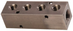Made in USA - 1/2" Inlet, 3/8" Outlet Manifold - 4-3/4" Long x 1-1/2" Wide x 1-1/2" High, 0.2" Mount Hole, 2 Inlet Ports, 4 Outlet Ports - Exact Tooling