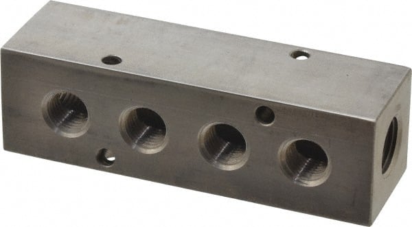 Made in USA - 3/8" Inlet, 1/4" Outlet Manifold - 4.12" Long x 1-1/4" Wide x 1-1/4" High, 0.2" Mount Hole, 2 Inlet Ports, 4 Outlet Ports - Exact Tooling