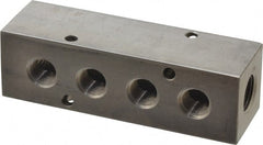 Made in USA - 3/8" Inlet, 1/4" Outlet Manifold - 4.12" Long x 1-1/4" Wide x 1-1/4" High, 0.2" Mount Hole, 2 Inlet Ports, 4 Outlet Ports - Exact Tooling