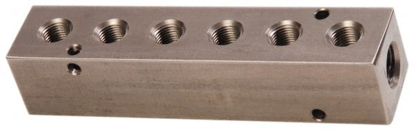 Made in USA - 1/2" Inlet, 3/8" Outlet Manifold - 6-3/4" Long x 1-1/2" Wide x 1-1/2" High, 0.2" Mount Hole, 2 Inlet Ports, 6 Outlet Ports - Exact Tooling