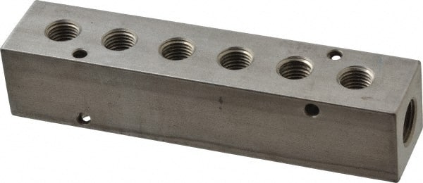 Made in USA - 3/8" Inlet, 1/4" Outlet Manifold - 5.88" Long x 1-1/4" Wide x 1-1/4" High, 0.2" Mount Hole, 2 Inlet Ports, 6 Outlet Ports - Exact Tooling
