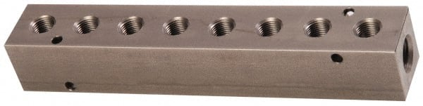 Made in USA - 1/2" Inlet, 3/8" Outlet Manifold - 8-3/4" Long x 1-1/2" Wide x 1-1/2" High, 0.2" Mount Hole, 2 Inlet Ports, 8 Outlet Ports - Exact Tooling