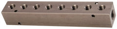 Made in USA - 1/4" Inlet, 1/8" Outlet Manifold - 6-1/4" Long x 1" Wide x 1" High, 0.17" Mount Hole, 2 Inlet Ports, 8 Outlet Ports - Exact Tooling