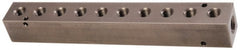 Made in USA - 1/2" Inlet, 3/8" Outlet Manifold - 10-3/4" Long x 1-1/2" Wide x 1-1/2" High, 0.2" Mount Hole, 2 Inlet Ports, 10 Outlet Ports - Exact Tooling