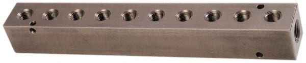 Made in USA - 1/4" Inlet, 1/8" Outlet Manifold - 7-3/4" Long x 1" Wide x 1" High, 0.17" Mount Hole, 2 Inlet Ports, 10 Outlet Ports - Exact Tooling