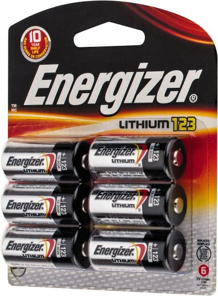 Energizer - Size 123, Lithium, 6 Pack, Photo Battery - 3 Volts, Flat Terminal, CR17345, ANSI, IEC Regulated - Exact Tooling