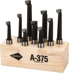 Borite - 5/16 to 7/16" Min Diam, 3/4 to 2-1/4" Max Depth, 3/8" Shank Diam, 2 to 3-1/2" OAL Boring Bar Set - C6 Carbide Tipped, Black Oxide Finish, Right Hand Cut, 9 Piece Set - Exact Tooling