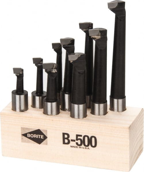 Borite - 5/16 to 9/16" Min Diam, 3/4 to 3" Max Depth, 1/2" Shank Diam, 2-1/4 to 4-1/2" OAL Boring Bar Set - C6 Carbide Tipped, Black Oxide Finish, Right Hand Cut, 9 Piece Set - Exact Tooling