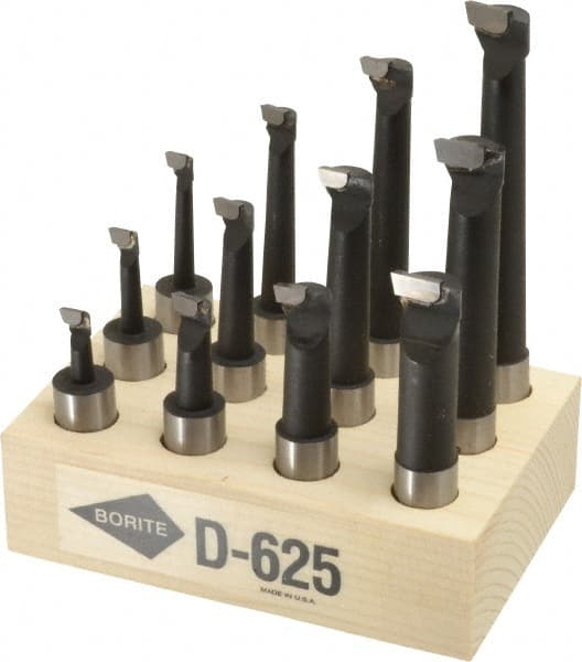 Borite - 5/16 to 11/16" Min Diam, 3/4 to 3-3/4" Max Depth, 5/8" Shank Diam, 2-1/4 to 5-1/4" OAL Boring Bar Set - C6 Carbide Tipped, Black Oxide Finish, Right Hand Cut, 12 Piece Set - Exact Tooling