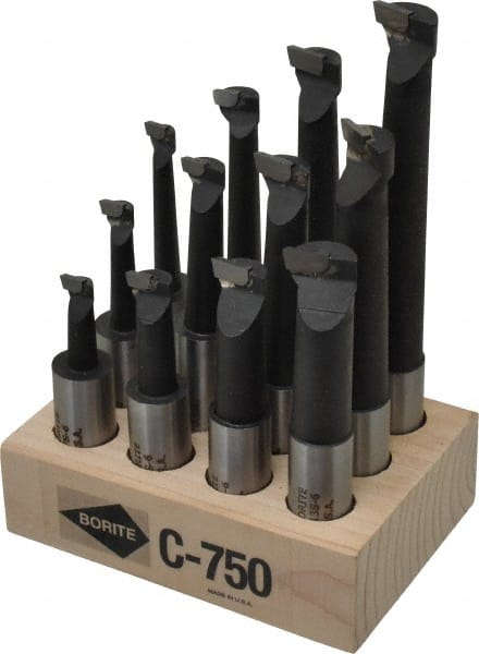Borite - 7/16 to 13/16" Min Diam, 1-1/8 to 4-1/2" Max Depth, 3/4" Shank Diam, 3-1/8 to 6-1/2" OAL Boring Bar Set - C6 Carbide Tipped, Black Oxide Finish, Right Hand Cut, 12 Piece Set - Exact Tooling