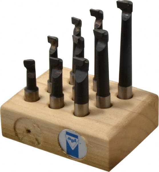 Made in USA - 5/16 to 7/16" Min Diam, 3/4 to 2-1/4" Max Depth, 3/8" Shank Diam, 2 to 3-15/16" OAL Boring Bar Set - C2 Carbide Tipped, Bright Finish, Right Hand Cut, 9 Piece Set - Exact Tooling