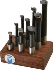 Made in USA - 5/16 to 9/16" Min Diam, 3/4 to 3" Max Depth, 1/2" Shank Diam, 2-1/4 to 4-1/2" OAL Boring Bar Set - C2 Carbide Tipped, Bright Finish, Right Hand Cut, 9 Piece Set - Exact Tooling