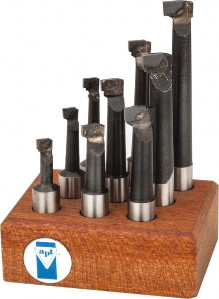 Made in USA - 5/16 to 9/16" Min Diam, 3/4 to 3" Max Depth, 1/2" Shank Diam, 2-1/4 to 4-1/2" OAL Boring Bar Set - C6 Carbide Tipped, Bright Finish, Right Hand Cut, 9 Piece Set - Exact Tooling